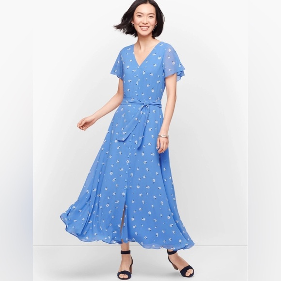 NEW! Talbots Scattered Floral Tie Front Midi Dress 6 Petite Daisy Blue Wedding - Picture 3 of 8